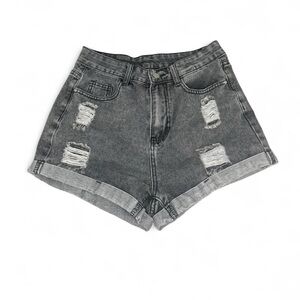 Gray Distressed Jean Shorts with Cuffed Hem